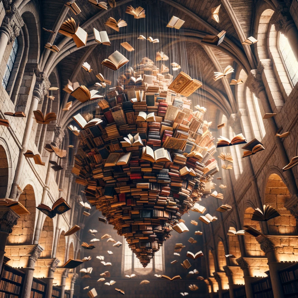 Photo of an ancient library with stone walls and high arches. The atmosphere is dimly lit, with a central chandelier casting a soft glow. Books of various sizes and colors float and flutter around, creating intricate patterns in the air. Some books open to reveal their pages, while others cluster together in harmonious formations.