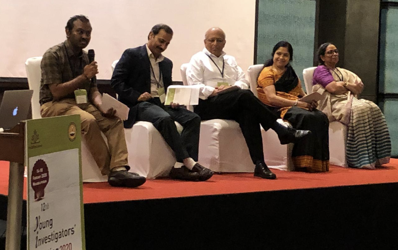 Aravindhan (left) speaks on a panel with representatives of funding agencies such as (left to right) Balachander from SERB, Shahid Jameel from India Alliance and Meenakshi Munshi from DBT, at YIM 2020 Credit: V. Aravindhan