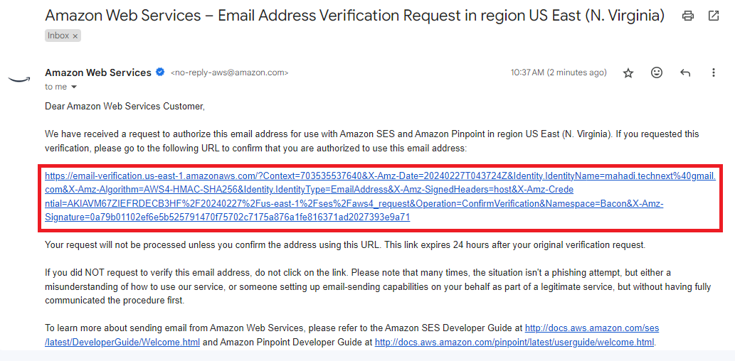 Sender feature email gmail Verification from AWS