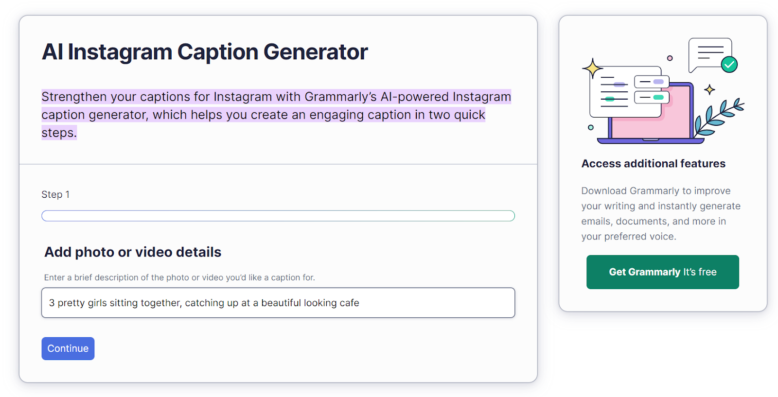 adding photo or video details into Grammarly caption generator