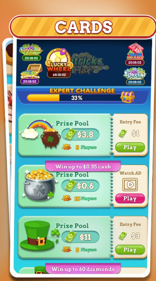 A colorful Bingo King screenshot showing different prize pools and entry fees, inluding some with the option to watch an ad as the entry fee. 