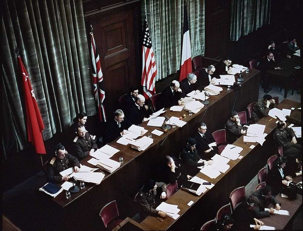An overhead look at the judge’s desk at the International Military Tribunal in Nuremberg, Germany, 1945