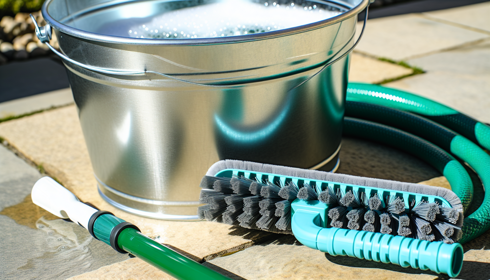 Bucket, brush, and garden hose for patio cleaning essentials