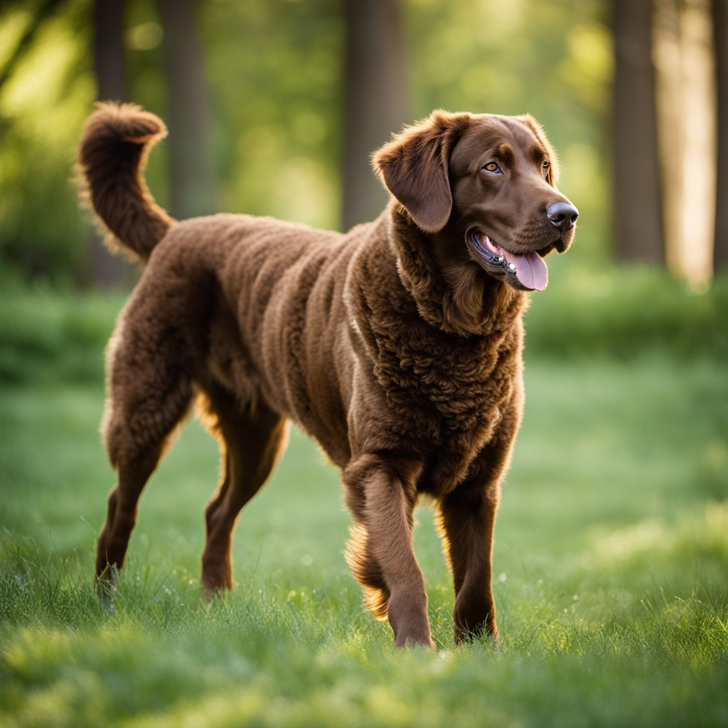 a chesapeake bay retriever standing in a field of grass 