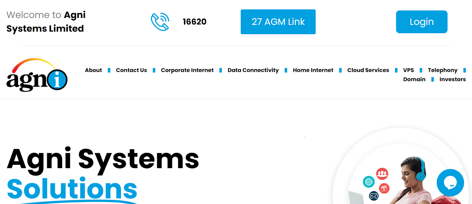 Agni Systems Limited website snapshot highlighting the services it provides.