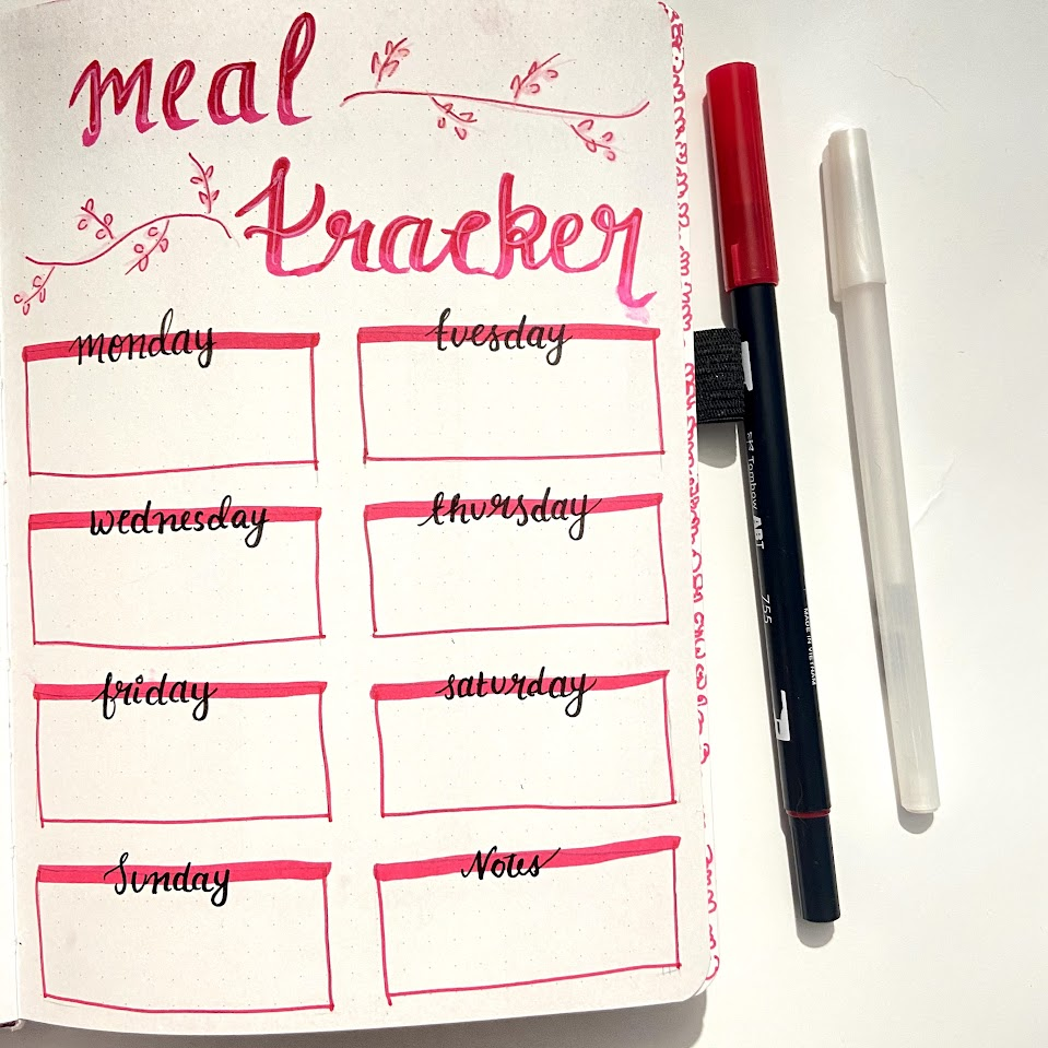 My meal tracker journalling spread in red.