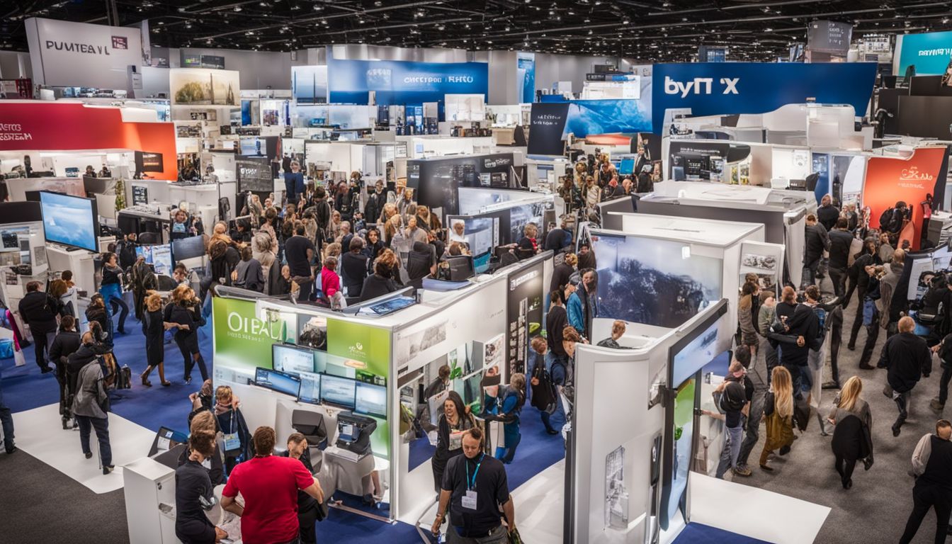 A busy trade show floor with diverse booths and people.