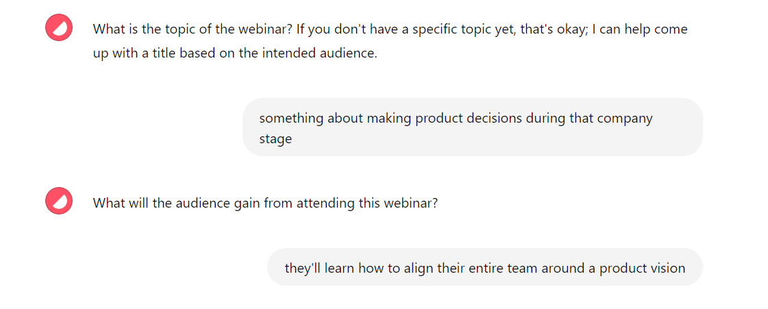 Screenshot of custom GPT Webinar Title Generator asking about the topic and outcome