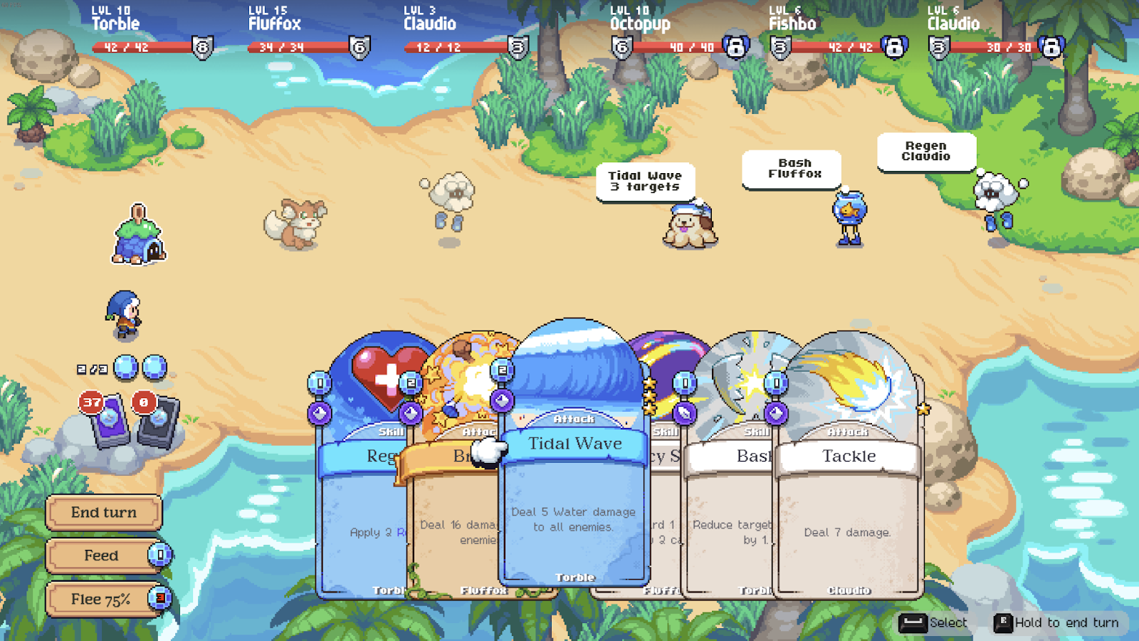 A screenshot from Moonstone Island's combat screen. Six animal-like creatures are aligned across the middle of the screen while cards at the bottom show different attacks.