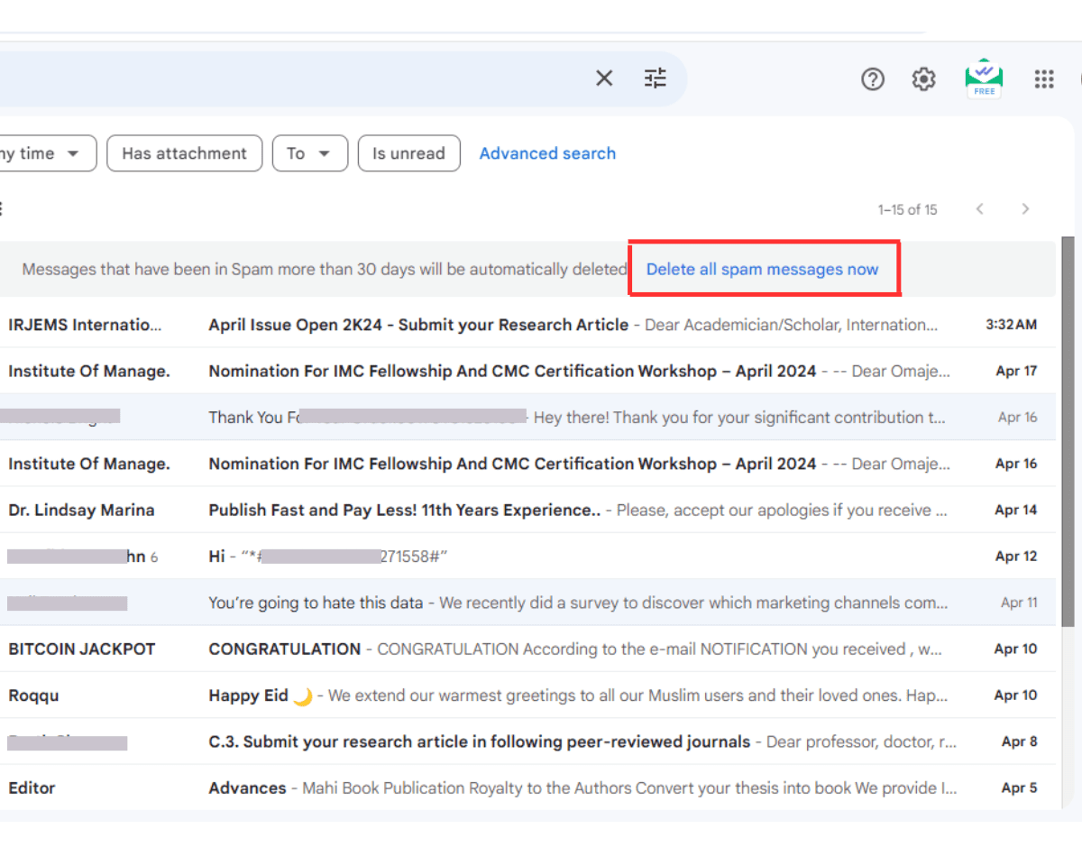 Delete all spam messages now option
