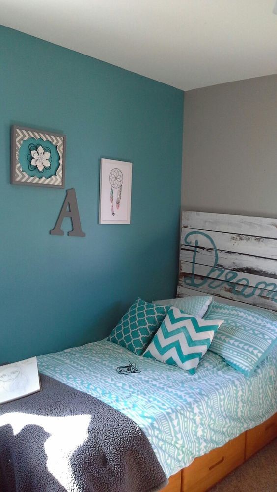 Two colour combination for bedroom walls #15: mint blue and grey.