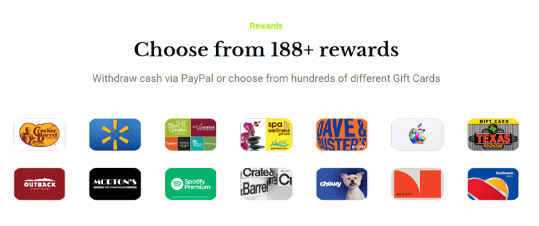 The Five Surveys website offering 188+ rewards, including gift cards to Outback Steakhouse, Cracker Barrel, Walmart, and Dave and Buster's. 