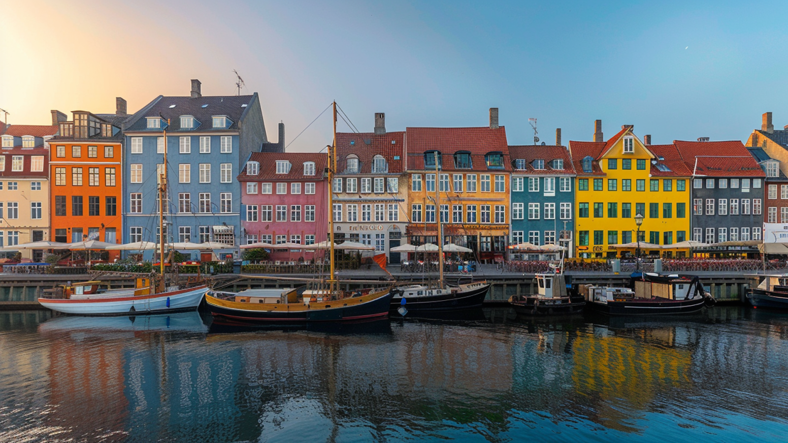 The Copenhagen port where boats are docked with colorful houses in the background