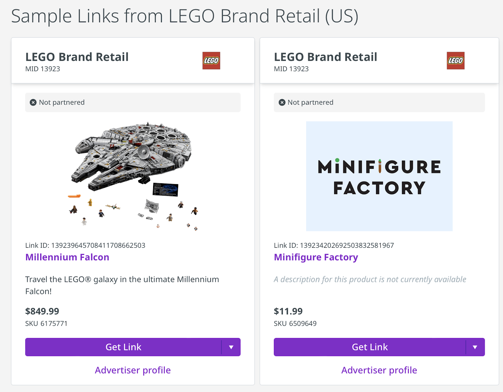 Examples of affiliate LEGO product links for the Millennium Falcon and a Minifigure Factory. 