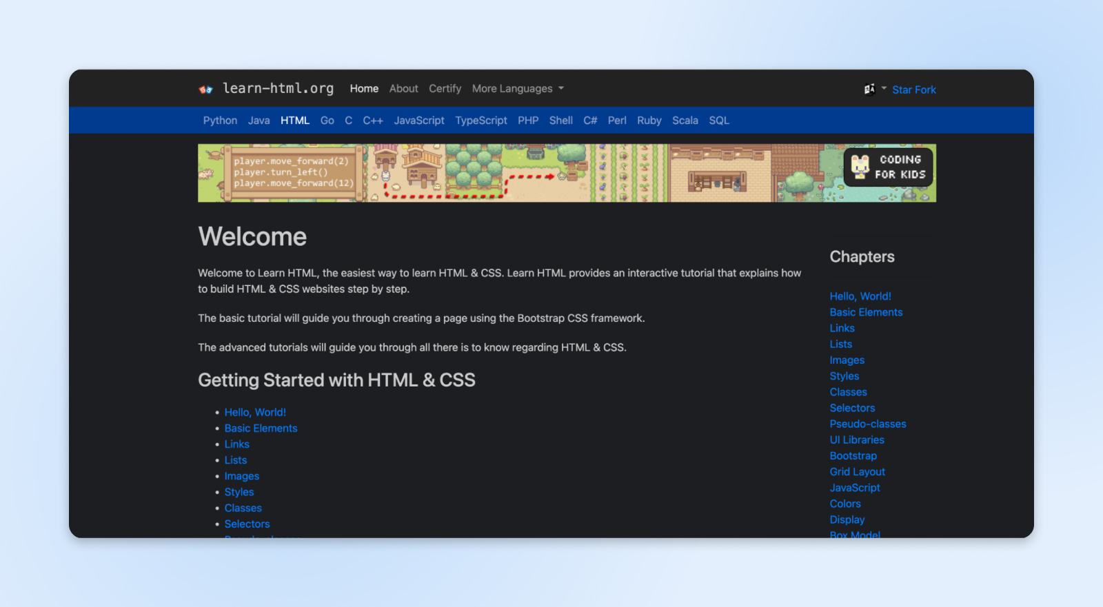 La página de bienvenida de Learn-HTML.org tiene una fuente blanca y enlaces azules en los que se puede hacer clic sobre un fondo negro.