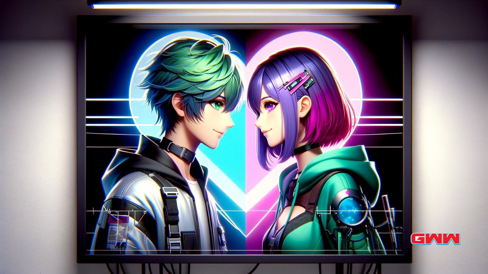 Una imagen de pantalla ancha de estilo anime que representa el concepto de foto de perfil de una pareja (pfp).