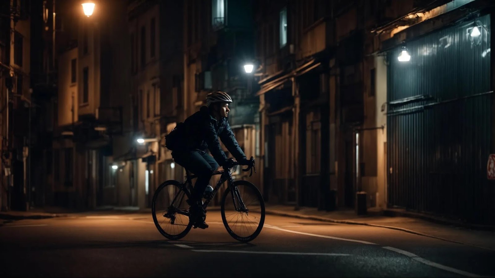 a cyclist moves through a dimly lit urban street, lacking any visible lights or reflective gear, blending into the shadowy backdrop of the nighttime city.
