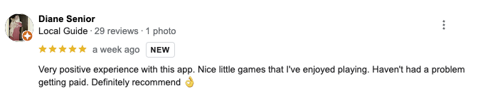 A 5-star Google review from a Freecash user who enjoys the games and has had no problems getting paid. 