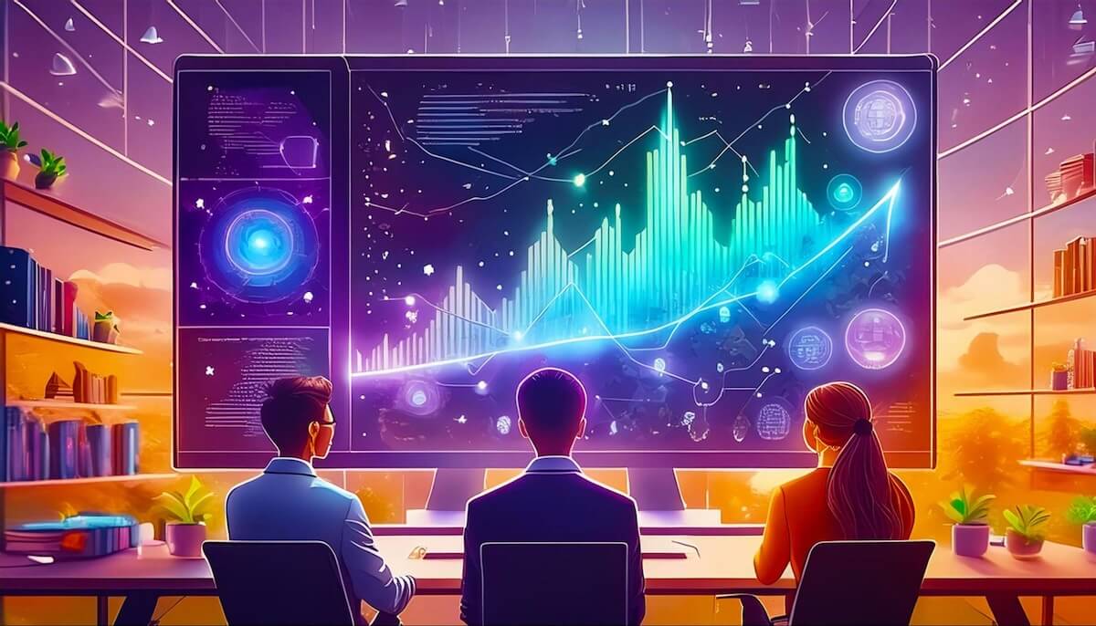 Illustration of entrepreneurs looking at a big monitor