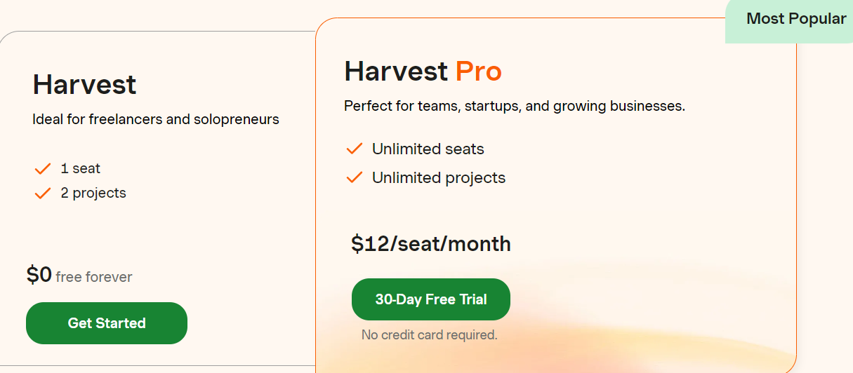 Pricing Plans for Harvest