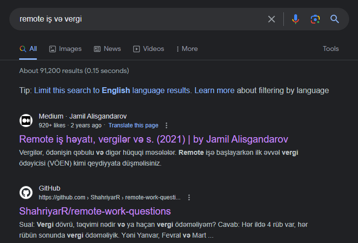 "remote iş və vergi" açar sözü zamanı çıxan axtarış səhifəsi nəticələri