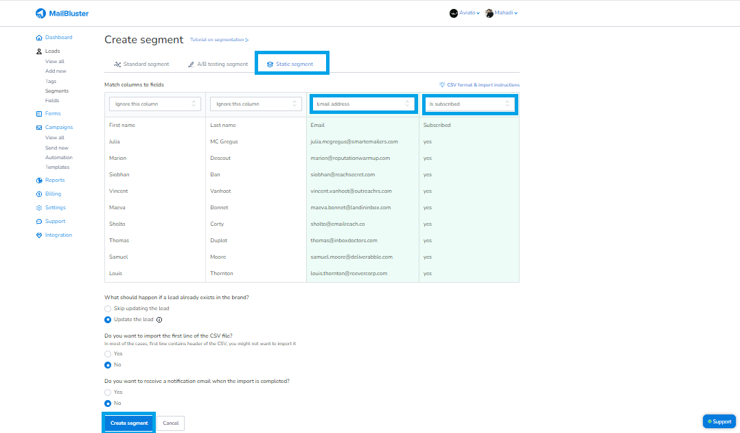 Highlighting the Email address & Subscribers field in A/B testing 