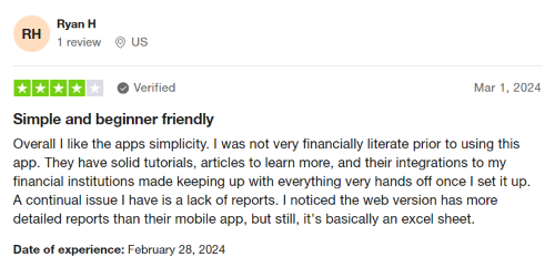 A 4-star YNAB review from a customer who found the app intuitive to use but doesn't find the reports it generates very thorough.  