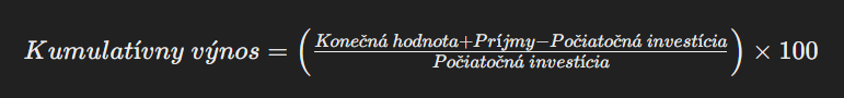 Kumulatívny výnos je celkový zisk alebo strata z investície za určité obdobie, vyjadrený ako percento pôvodnej investovanej sumy. Tento ukazovateľ zahŕňa všetky formy výnosov vrátane kapitálových ziskov (alebo strát) a príjmov z investície, ako sú úroky alebo dividendy, a poskytuje komplexný pohľad na celkovú výkonnosť investície.