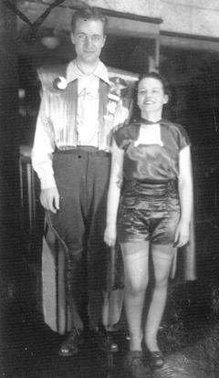 Forrest J Ackerman and Myrtle R. Douglas, in their "futuristicostumes"