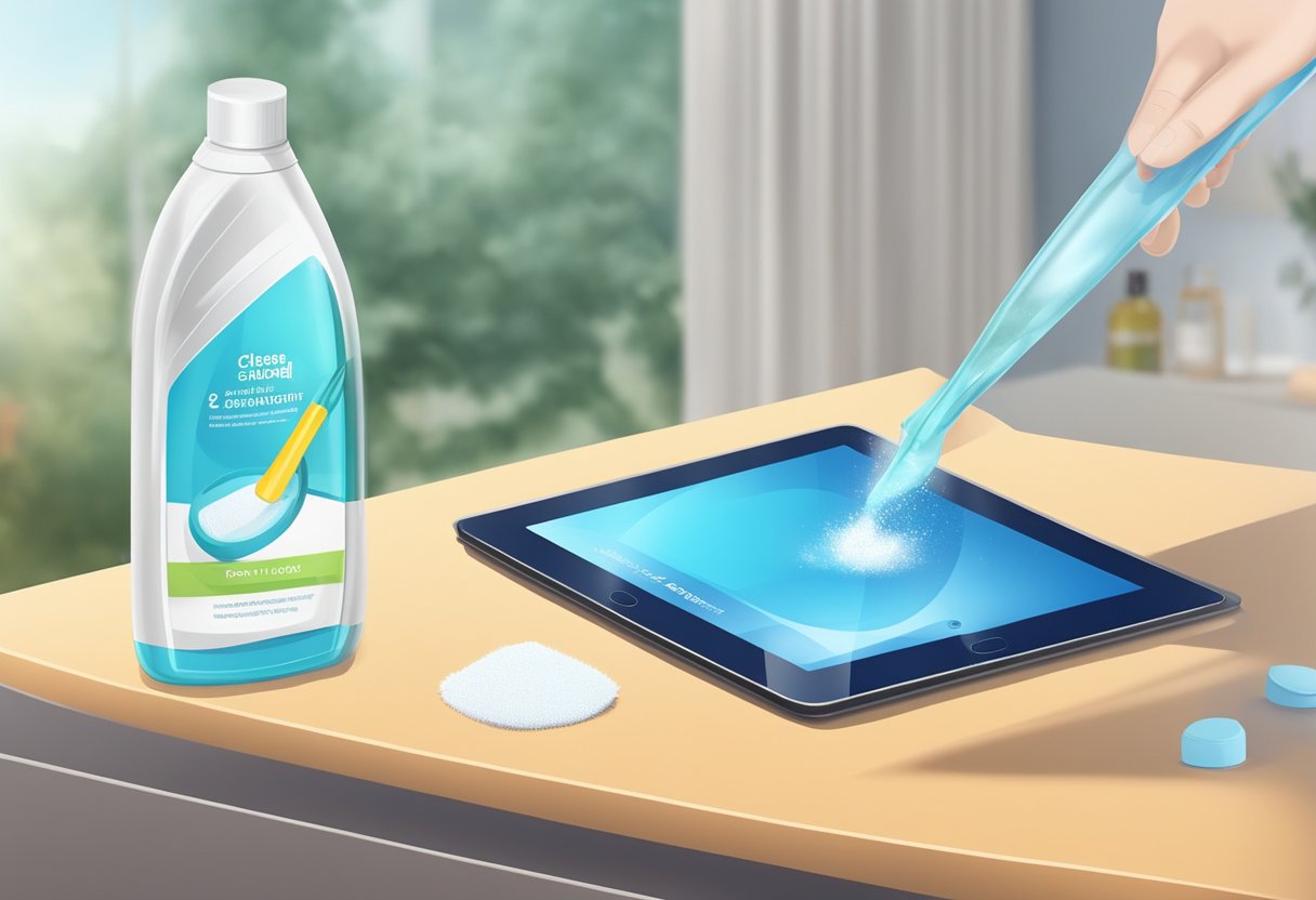 A tablet being wiped clean with a microfiber cloth, with a bottle of cleaning solution nearby