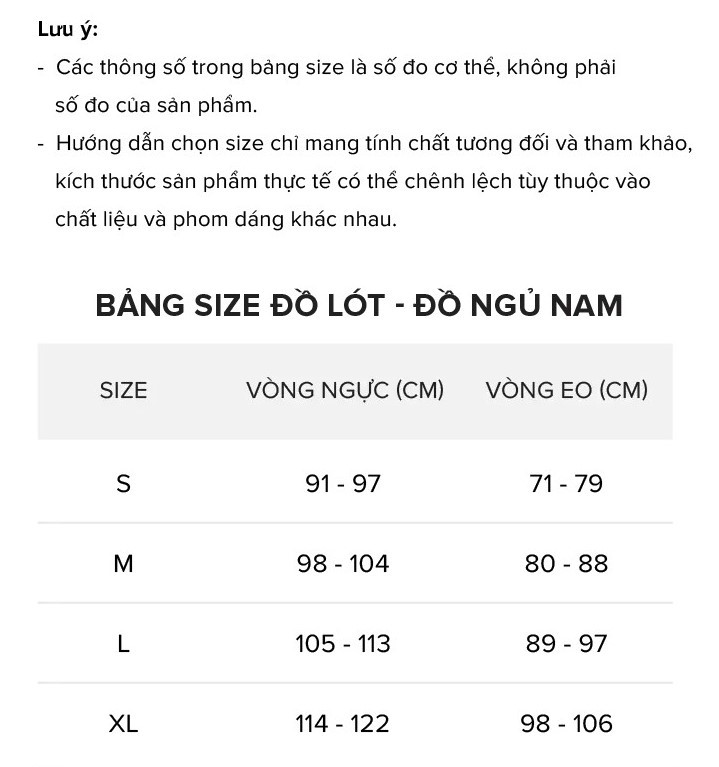 Bảng size quần lót nam Châu Á