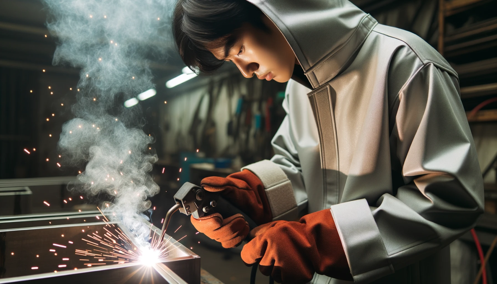 An Asian Welder working while wearing a lightweight leather welding jacket