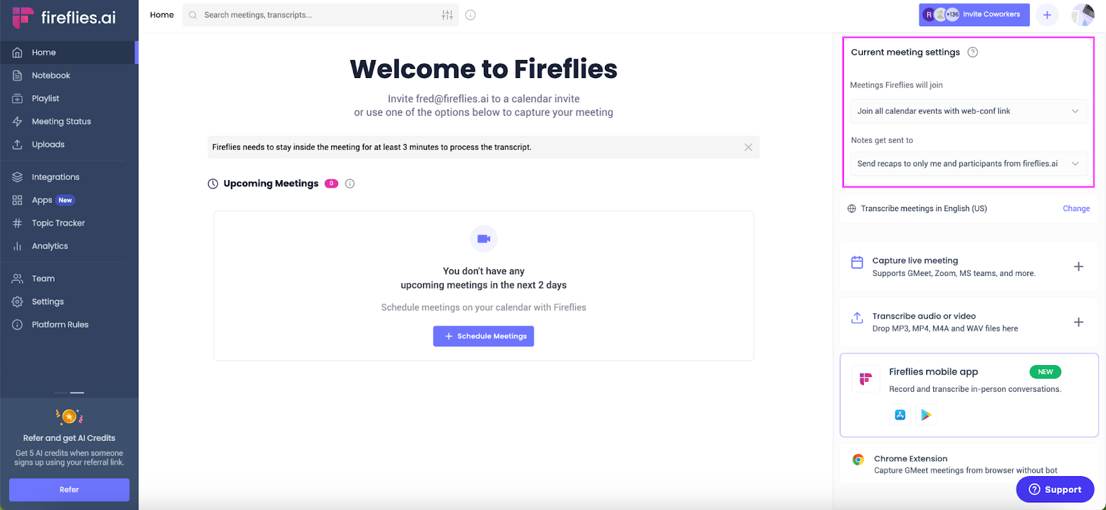 How to transcribe a webinar - Fireflies current meeting settings