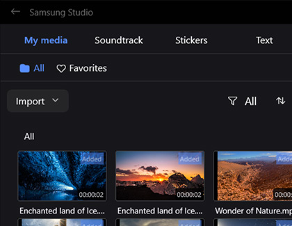 Samsung Studio app showing the My Media tab with multiple files