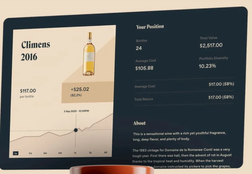 A wine bottle on a chart indicating how its value has trended mainly upward and more details about the wine. 