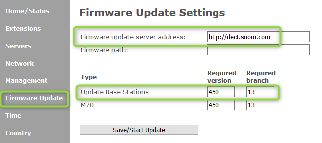 Configurações de atualização de firmware Snom.