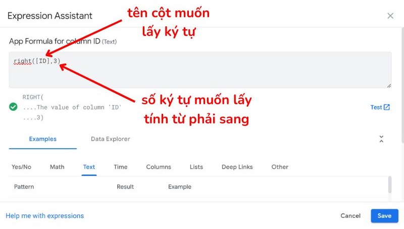 Hướng dẫn sử dụng hàm RIGHT trong AppSheet