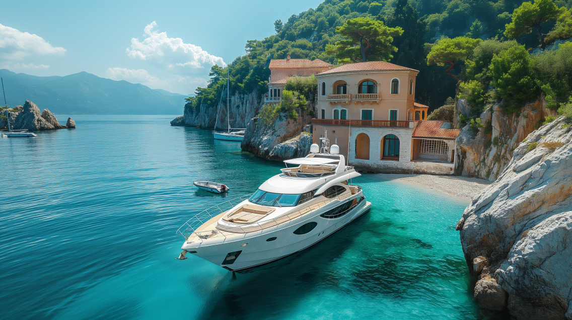 Yacht anchored near a luxury villa in Krk, Croatia, offering exclusive coastal experiences.