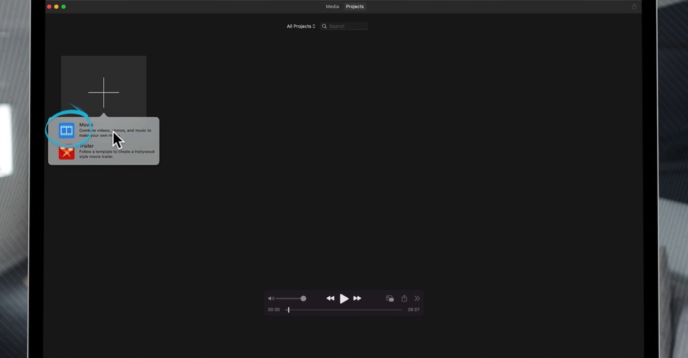 Movie option when clicking Create New project in iMovie