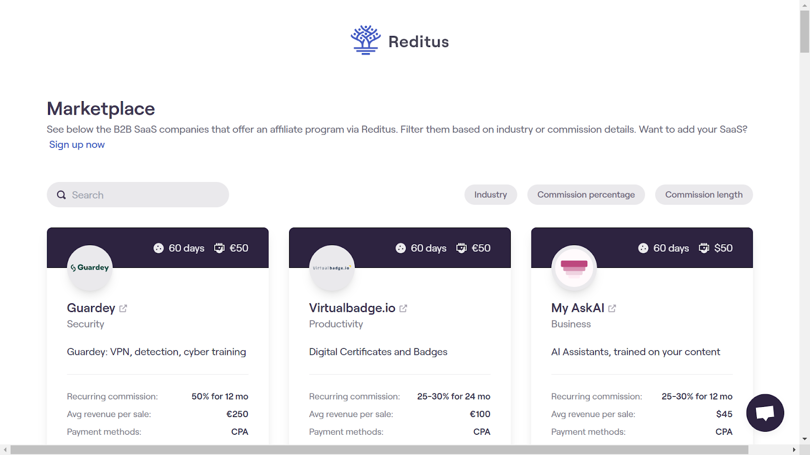A screenshot of the Reditus SaaS affiliate marketplace landing page.