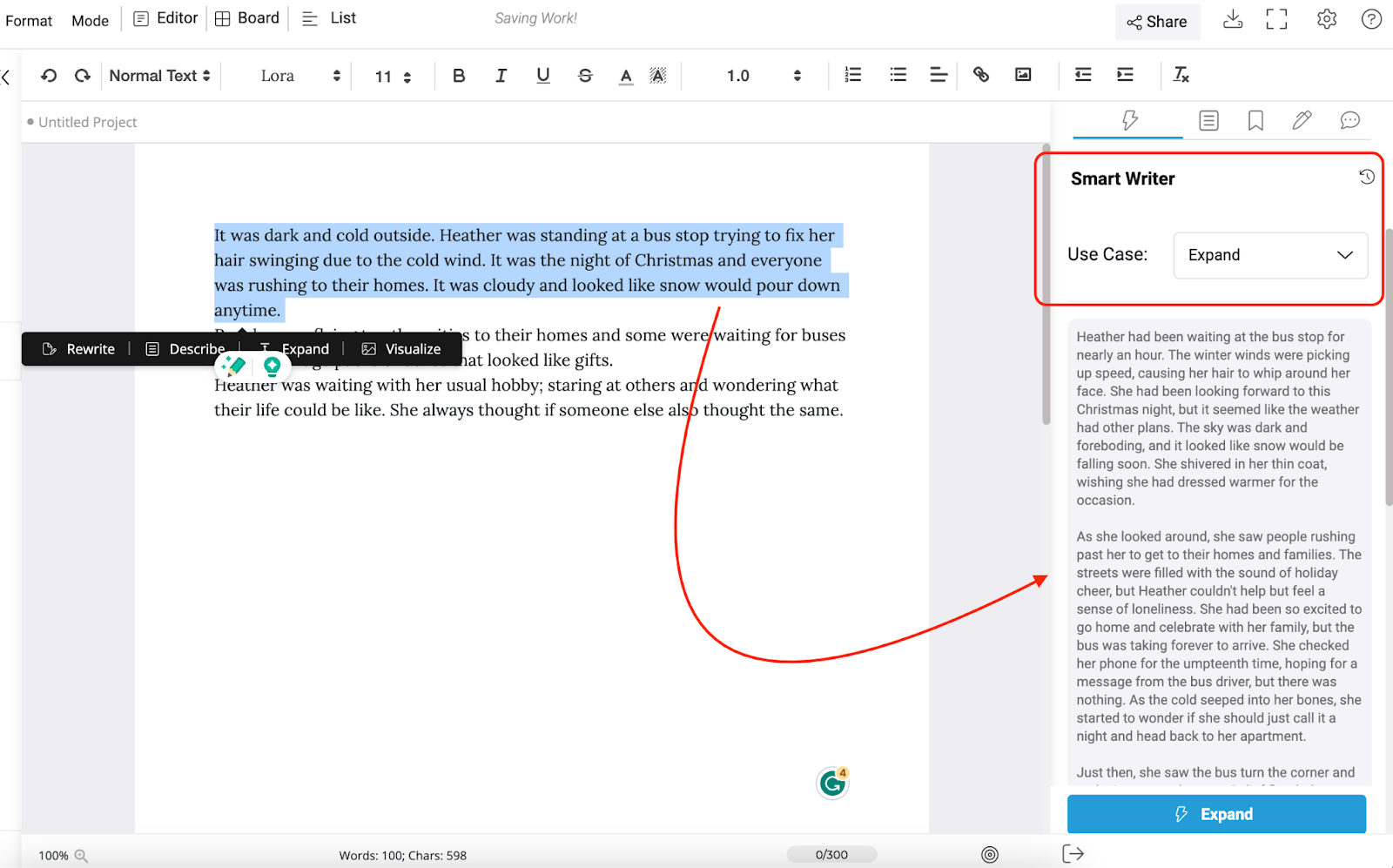 Smart writer expanding selected text