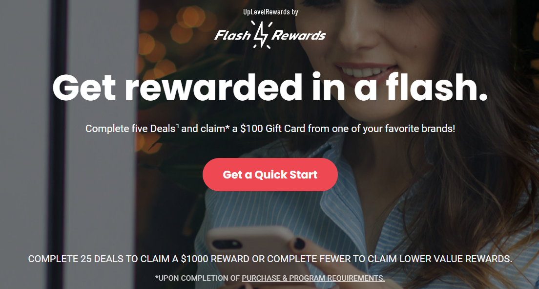 The Flash Rewards website offering a $100 gift card for completing 5 deals or a $1,000 reward for completing 25 deals.