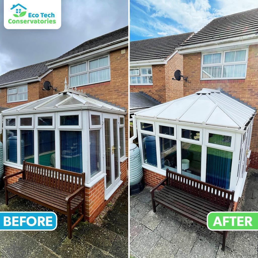 before and after of conservatory with new insulated roof panels