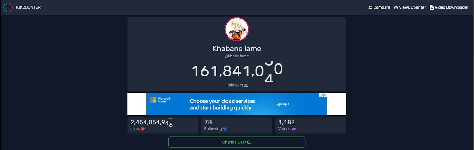 A similar profile page on a TikTok counter website with the user 'Khabane lame', showing a live follower count and other statistics.