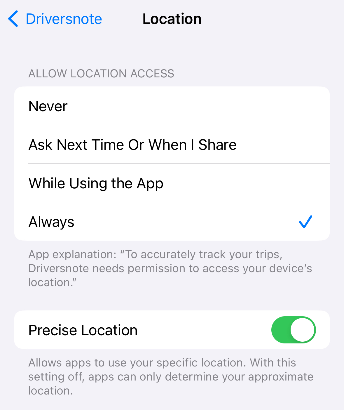 Location settings for iPhone