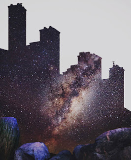 Double-exposure images of a cityscape and starry sky