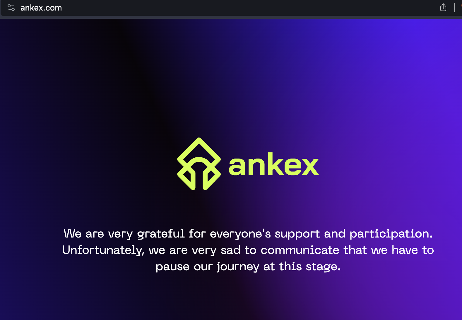 Il sito web ufficiale di Ankex Crypto Exchange informa gli spettatori sulla pausa