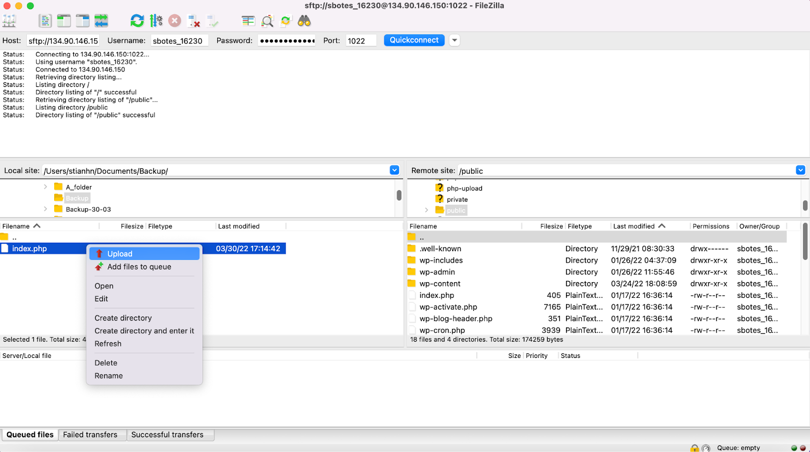An image showing how to upload your files again from an local backup in FileZilla.
