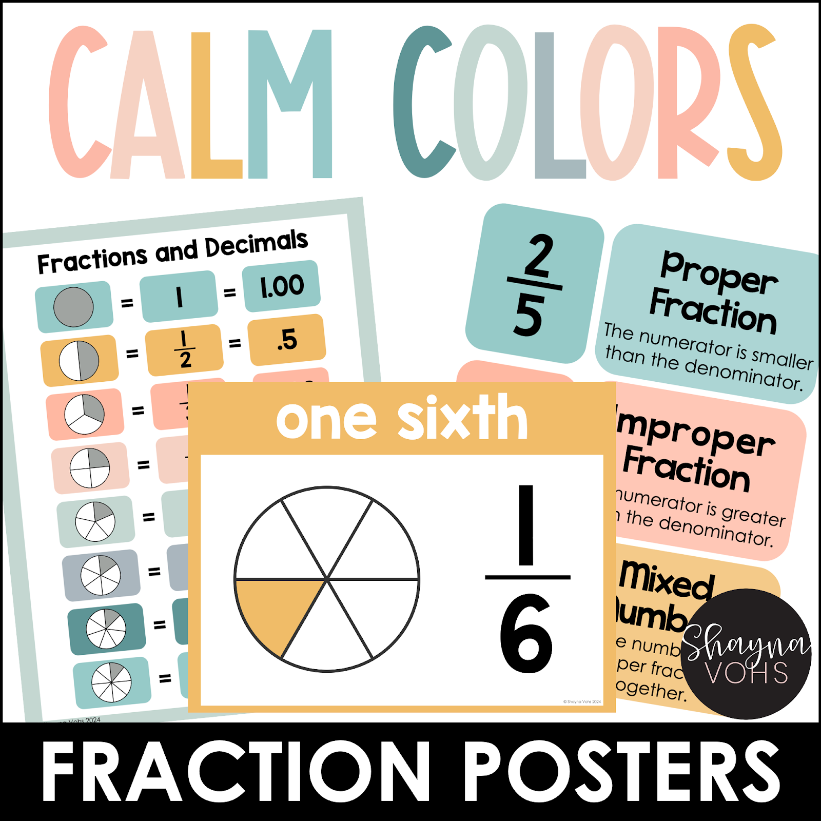 This image shows fraction anchor charts in a Calm, Pastel color scheme. 