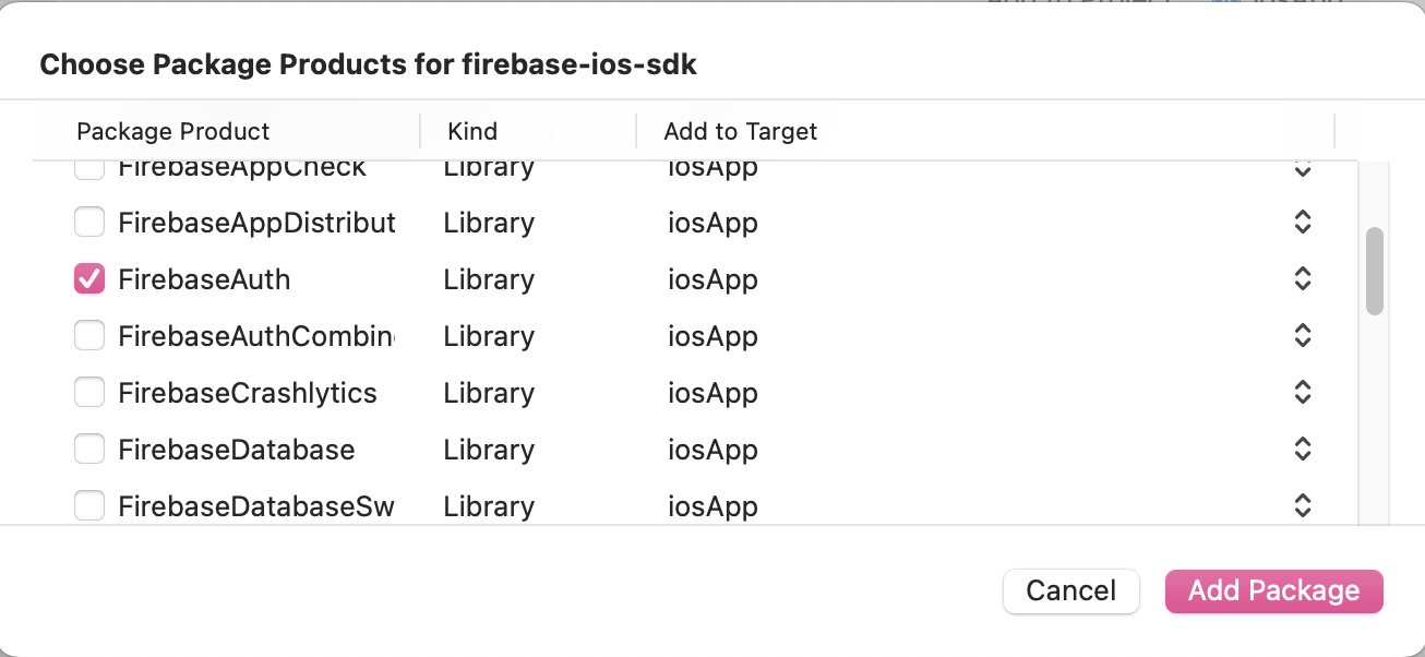 Capture d'écran des choix de packages avec FirebaseAuth coché